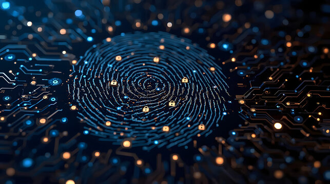 Digital Fingerprint Biometric Security, Data Protection and Identity Access, Cyber Security on a Circuit Board