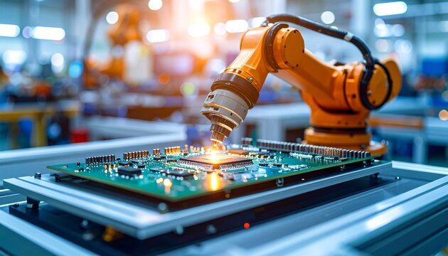 Robot arm assembling circuit board. - Powered by Adobe