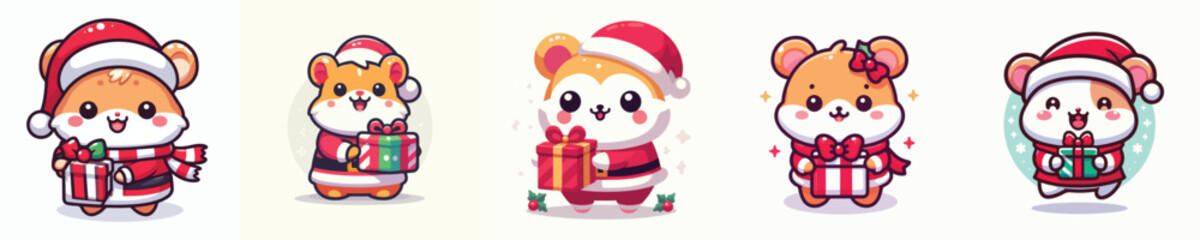 cute hamster character vector in Christmas clothes carrying gifts