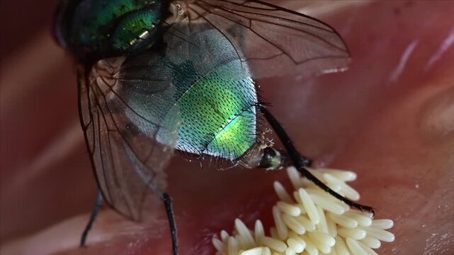 Green Bottle fly (Lucilia sericata) female laying eggs on decaying meat - extreme closeup, normal speed