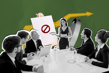 Composite image montage trend artwork collage of lady show presentation hold tablet business career job team sit tablet money coins trader
