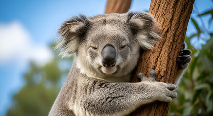 Fototapeta premium Happy Australia Day. Sleeping koala on tree against blue sky. Vertical banner. Free space for text. Template for poster, greeting card