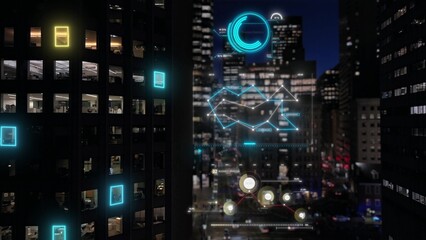 Digital Business Intelligence Network on Corporate Towers. AI-Driven Data Streams Visualizing Global Analytics, IoT Systems, and Smart City Operations at Night