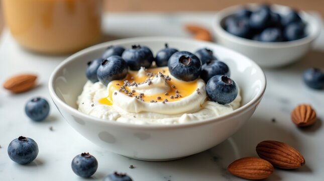 Reques&oacute;n batido cubierto con ar&aacute;ndanos, mantequilla de almendras y semillas de ch&iacute;a, un desayuno moderno y rico en prote&iacute;nas