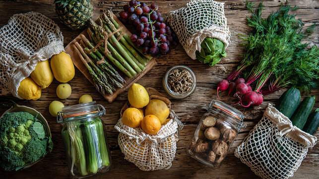 A vibrant assortment of fresh vegetables and fruits arranged on a wooden table, showcasing healthy eating.
