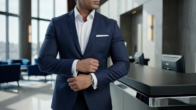 Man in dark suit adjusts cufflinks while standing at reception desk in modern office lobby with large windows and seating area