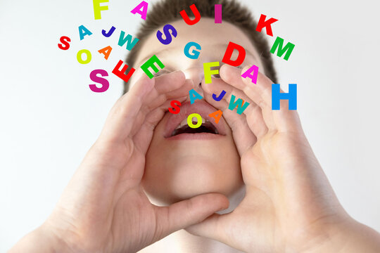 Child's mouth, colorful letters digitally emerging, dyslexia, Dyslalia, speech therapy, phonetics language development, challenging articulation, pronunciation practice session, Fluency Disorders