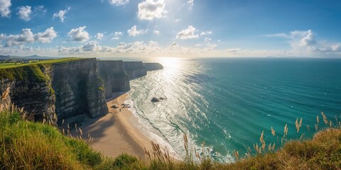 Cliffside view over the sea during summer with blue sky sunlight, beach grass, reeds, and sandy landscape, coastal environment, Earth Day