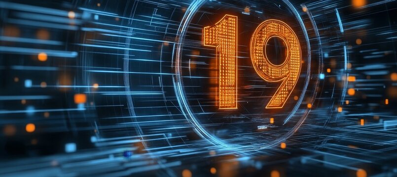 Futuristic Digital Display Featuring the Number 19 in a High-Tech Environment with Glowing Effects