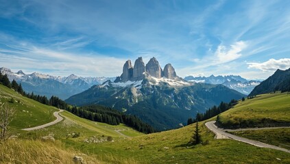 Obraz premium Sassolungo Group in the Dolomites Mountains viewed from a mountain pass, emphasizing the rugged terrain and natural landscape features