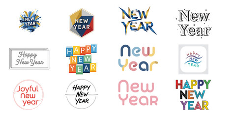 Collection of happy new year greetings with varied typography and designs