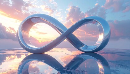 Infinity symbol reflecting sunset sky.