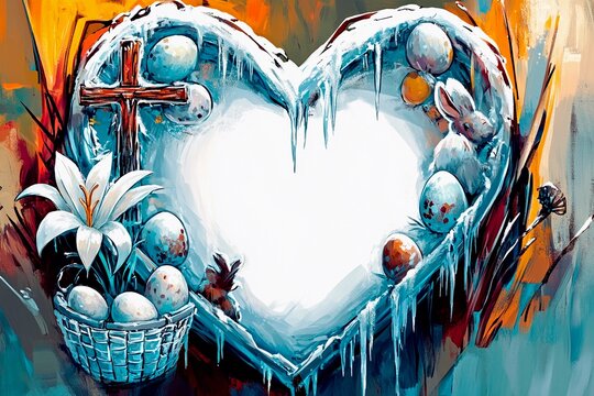 Heart-shaped icy frame with igloo and winter decorations creates a serene arctic atmosphere