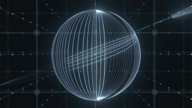 Futuristic 3D Animation of Rotating Wireframe Sphere with Glowing Lines and Geometric Patterns on Dark Grid Background, Featuring Dynamic Light Effects and Symmetrical Design: abstract art