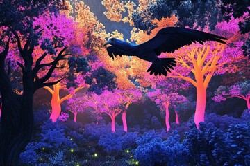 Naklejka premium Giant bird soars above vibrant forest filled with colorful trees and magical atmosphere in daytime