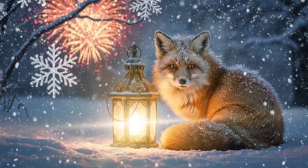 A red fox resting beside a glowing lantern in a snowy forest while fireworks brighten the winter night. Wildlife holiday concept - Powered by Adobe