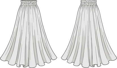 Elegant long flared skirt fashion illustration featuring gathered elastic waistband, flowing silhouette, soft pleats, front and back technical vector drawing.