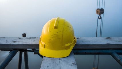 Yellow hard hat resting on wooden beam in construction site setting - Concept of International Workers' Day  