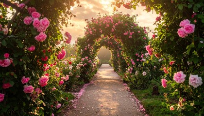 Rose arch pathway with sunlit garden.