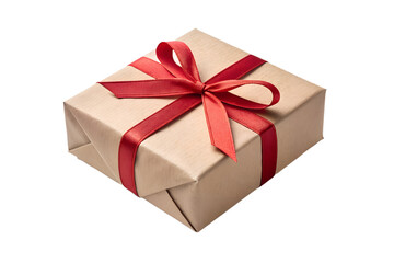 Obraz premium Kraft paper gift box tied with red ribbon bow, isolated on transparent background, clean edges, soft realistic shadow, natural texture, high-resolution PNG, minimal festive aesthetic.