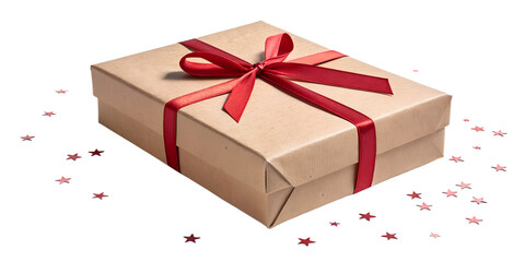 Obraz premium Kraft paper gift box tied with red ribbon bow, isolated on transparent background, clean edges, soft realistic shadow, natural texture, high-resolution PNG, minimal festive aesthetic.