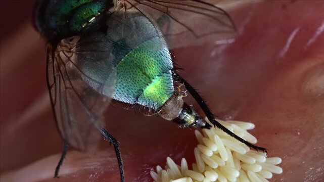 Green Bottle fly (Lucilia sericata) female laying eggs on decaying meat - extreme closeup, normal speed