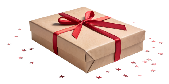 Kraft paper gift box tied with red ribbon bow, isolated on transparent background, clean edges, soft realistic shadow, natural texture, high-resolution PNG, minimal festive aesthetic.