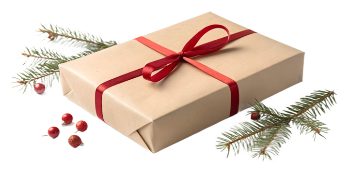 Kraft paper gift box tied with red ribbon bow, isolated on transparent background, clean edges, soft realistic shadow, natural texture, high-resolution PNG, minimal festive aesthetic.