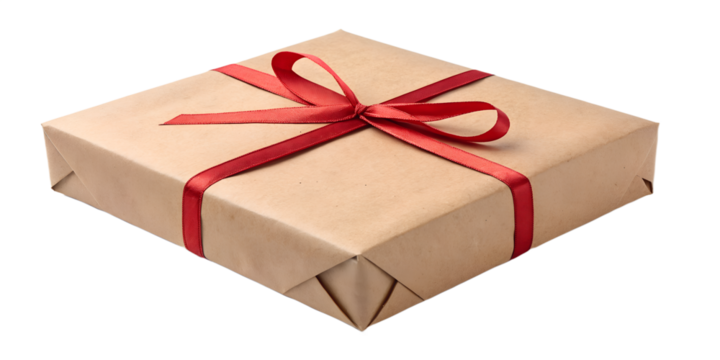 Kraft paper gift box tied with red ribbon bow, isolated on transparent background, clean edges, soft realistic shadow, natural texture, high-resolution PNG, minimal festive aesthetic.