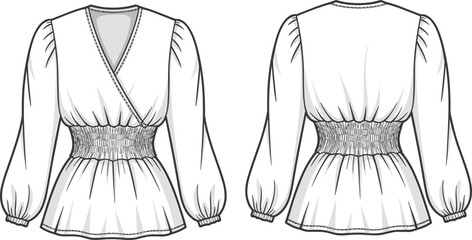 Elegant long-sleeve wrap blouse fashion flat sketch with shirred waist, gathered sleeves, peplum hem, and detailed front and back technical illustration.