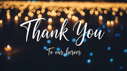 A heartfelt "Thank You" message to our heroes, illuminated by a backdrop of soft, glowing lights.