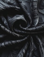 Close-up of intricately patterned, flowing, dark, and textured material. The twisting folds create a spiral effect with light and shadow