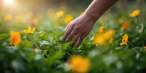 Small blue flowers in a green meadow, ideal for background text and layout design