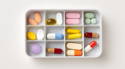Colorful pills in a wooden box on white background, top view
