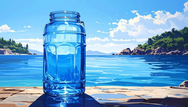 Jar of water with sea view, bright, and blue sky.