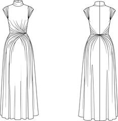 Elegant sleeveless maxi dress fashion flat sketch featuring twisted waist draping, high neckline design, front and back technical vector illustration details.
