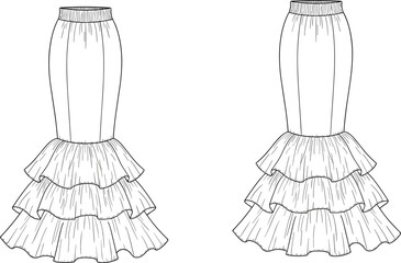 Elegant tiered ruffle skirt fashion flat illustration featuring layered flounces, elastic waistband detailing, flowing silhouette, and clean technical vector garment design.