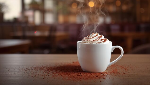 A steaming cup of hot cocoa on a morning table, emphasizing warmth and comfort