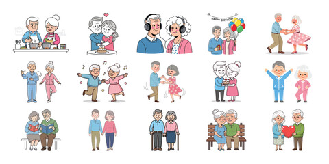 Fototapeta premium Diverse couples and families in a variety of poses and outfits illustration