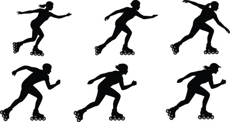 Dynamic silhouette collection of roller skaters in action poses, showcasing speed, balance, movement and athletic performance for sports design and creative illustration projects