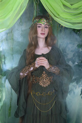 An elven story. A girl with long hair in a magical forest studio