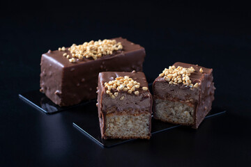 Sliced mousse desserts with hazelnut praline, milk chocolate and covered gourmet chocolate-nut glaze on black background
