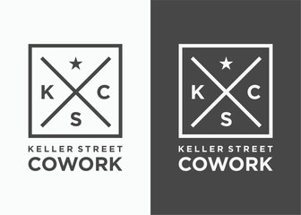 Vector graphic concept Modern minimalist square logo with X-mark, letters, and star for coworking space brand identity. Ideal for professional business branding