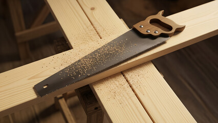 Hand saw resting on wooden planks with sawdust on the surface  