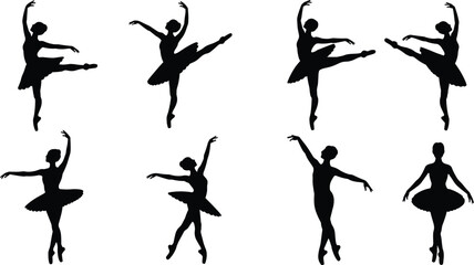 Elegant ballerina silhouette dance poses showing graceful movement, classical ballet positions, artistic performance shapes for creative design, illustration, and choreography projects