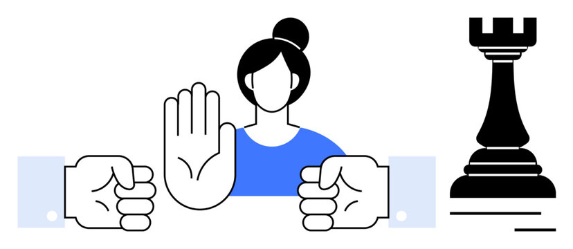 Woman raising hand to halt two fists amid disagreement, emphasizing conflict resolution, boundaries, and empowerment. Ideal for themes thumbs up negotiation, leadership, strategy, equality, teamwork