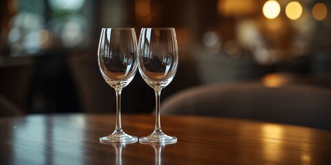 Two empty wine glasses on a wooden table, suitable for social gatherings and wine tasting events, Earth Day