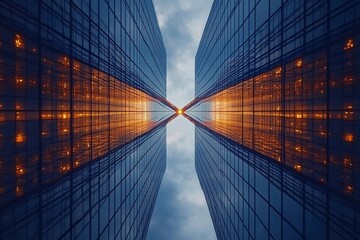 Twin towers with mirrored glass design create a stunning skyline connection at sunset