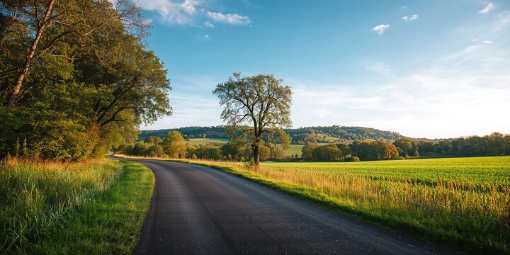 A rural road lined with trees and a hillside in the background, serving as a natural landscape backdrop