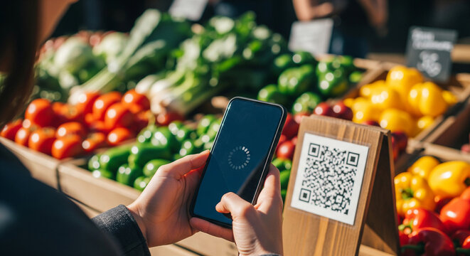 Shopper hands using smartphone to scan QR code at fresh vegetable market. - Powered by Adobe